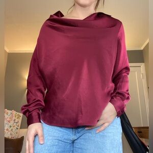 DKNY Deep Red/Burgundy Satin Blouse with Cowl Neck